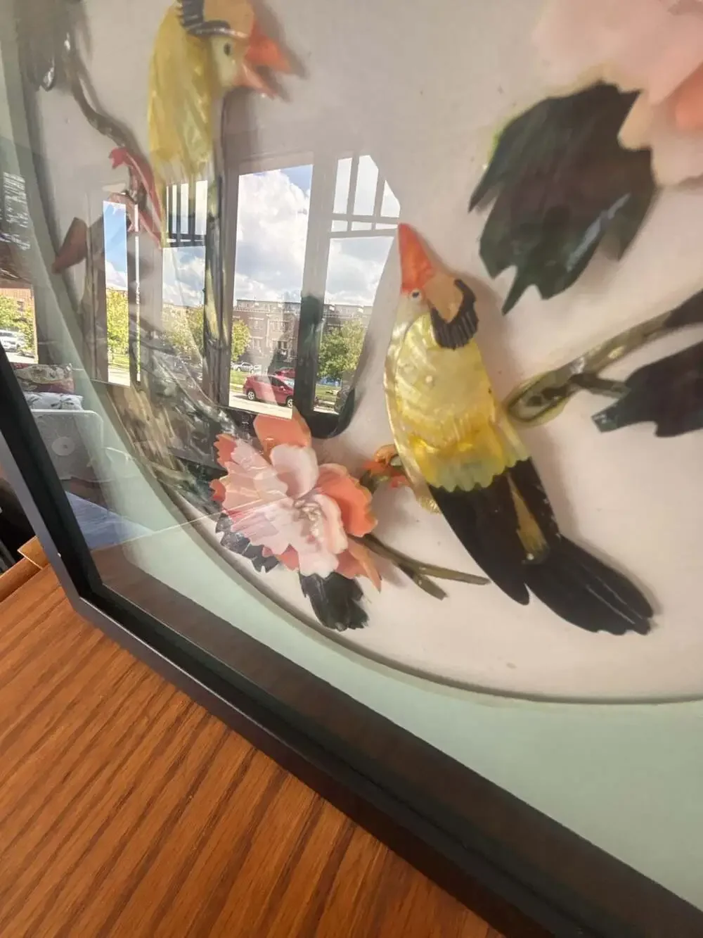 Vintage Chinese Mother of Pearl Shell Art Shadow Box Birds and Flowers Wall